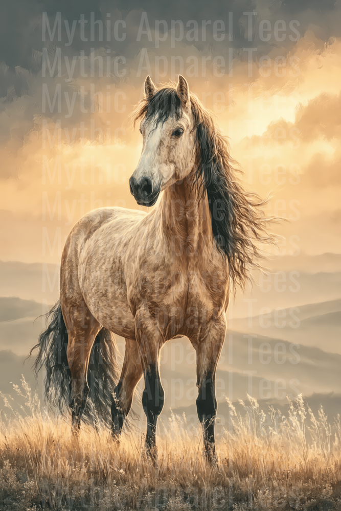 Majestic Buckskin Horse with Flowing Dark Mane Standing in Golden Prairie Sunset Landscape Oil Painting Style
