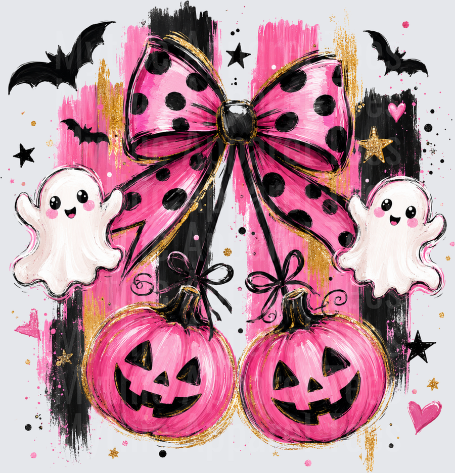 Halloween Pink Polka Dot Bow Ghosts Jack-O-Lanterns Bats