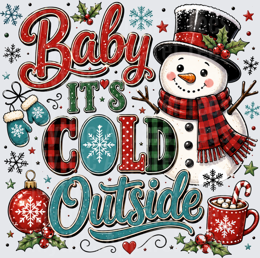 Baby It's Cold Outside Snowman Buffalo Plaid Christmas Holiday Festive Winter Design with Hot Cocoa Mittens and Ornaments