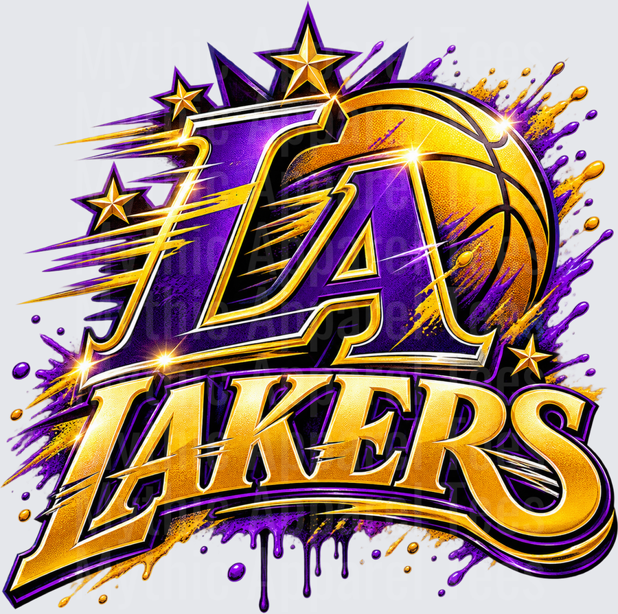 Lakers LA Bold Gold and Purple Graffiti Style Basketball Splatter Design with Stars