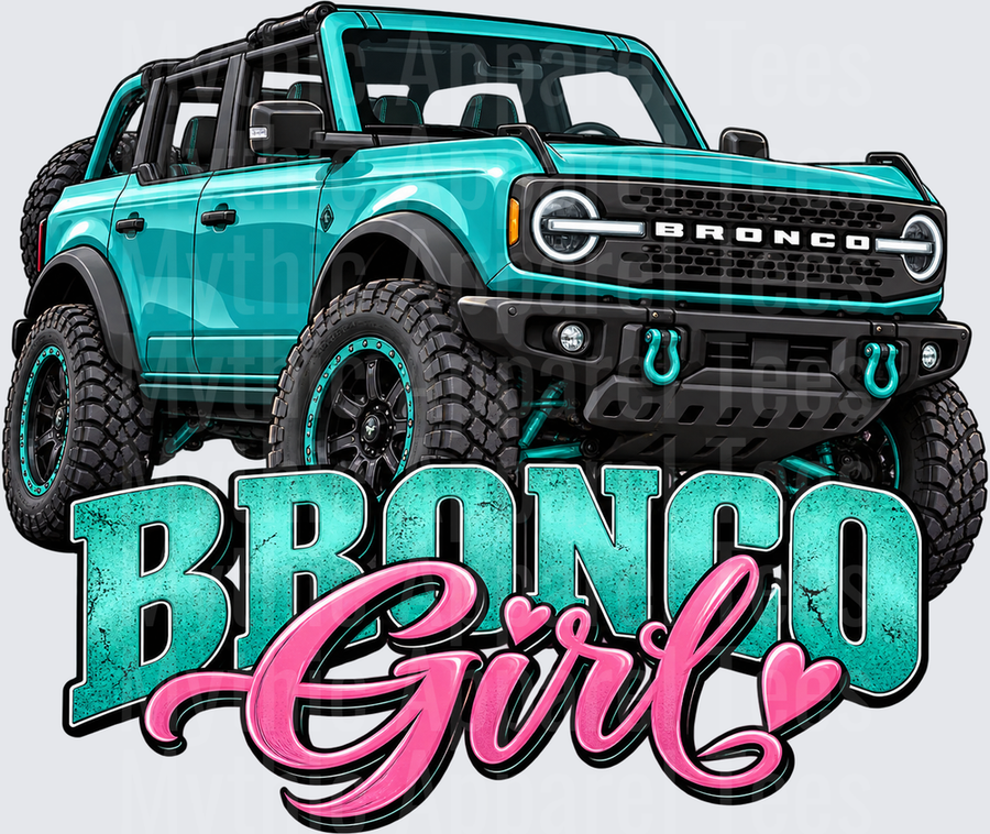 Bronco Girl Teal Ford Bronco 4x4 Off-Road SUV with Pink Script and Heart Accents