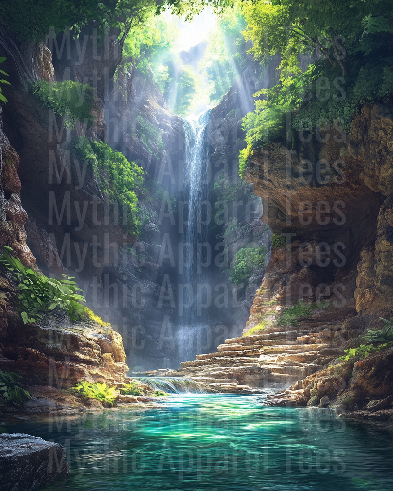 Enchanted Hidden Canyon Waterfall with Turquoise Pool and Sunbeams Through Forest Canopy