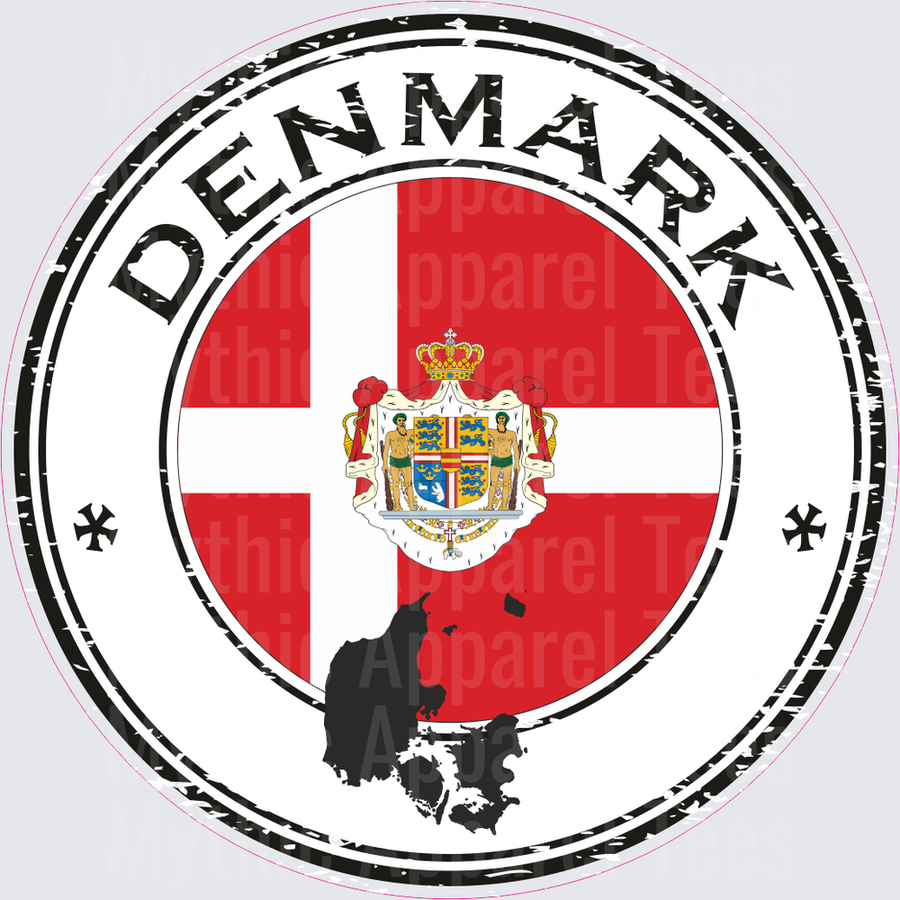 Denmark Distressed Stamp Circle with Flag Coat of Arms and Country Map Silhouette