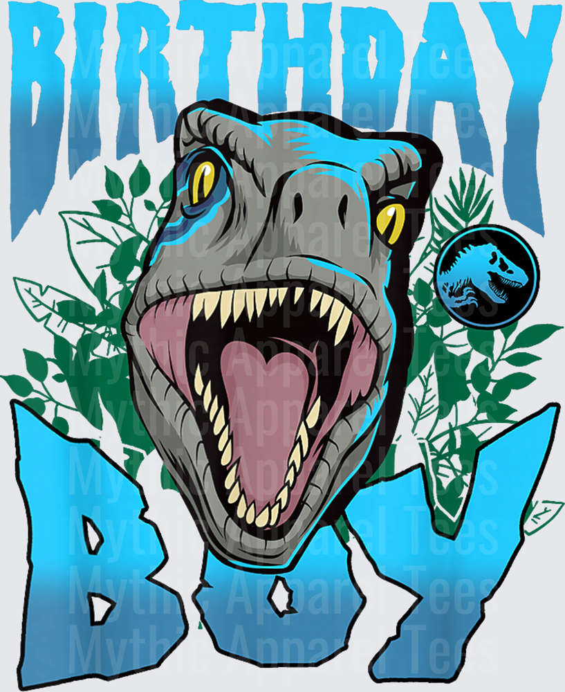 Jurassic World Blue Raptor Roaring Birthday Boy Tropical Leaves Design