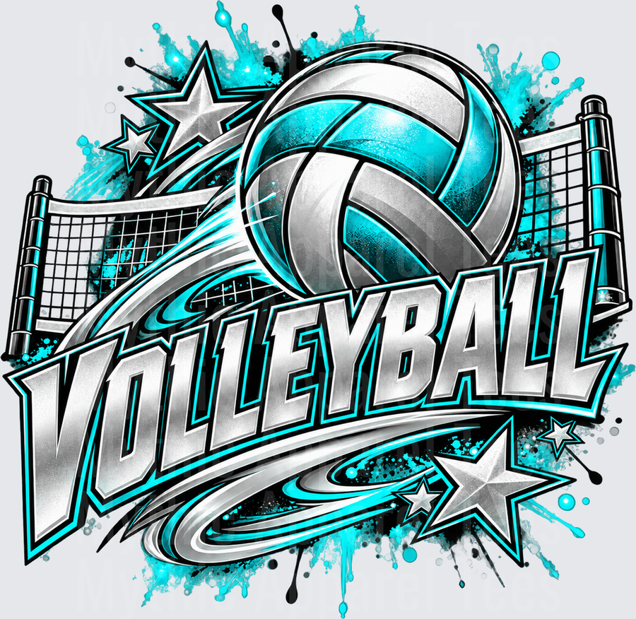 Teal and Silver Volleyball Bold Grunge Graphic with Net Stars and Paint Splatter