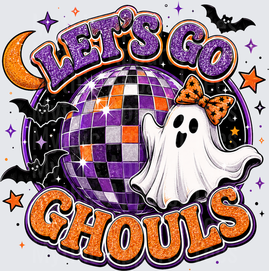 Halloween Let's Go Ghouls Glitter Purple Orange Disco Ball Ghost Bow Bats Crescent Moon Spooky Retro