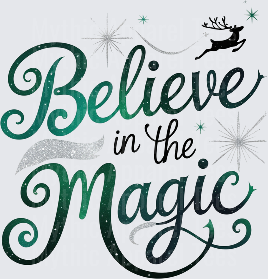 Christmas Believe in the Magic Flying Reindeer Green Script