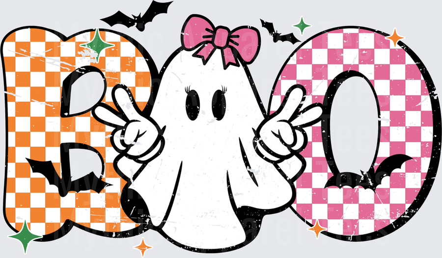 Halloween Boo Retro Checkered Ghost with Pink Bow and Peace Signs Distressed Grunge Style with Bats and Sparkles