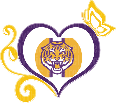 Purple and Gold Tiger Heart with Butterfly and Swirl LSU Tigers Spirit Design