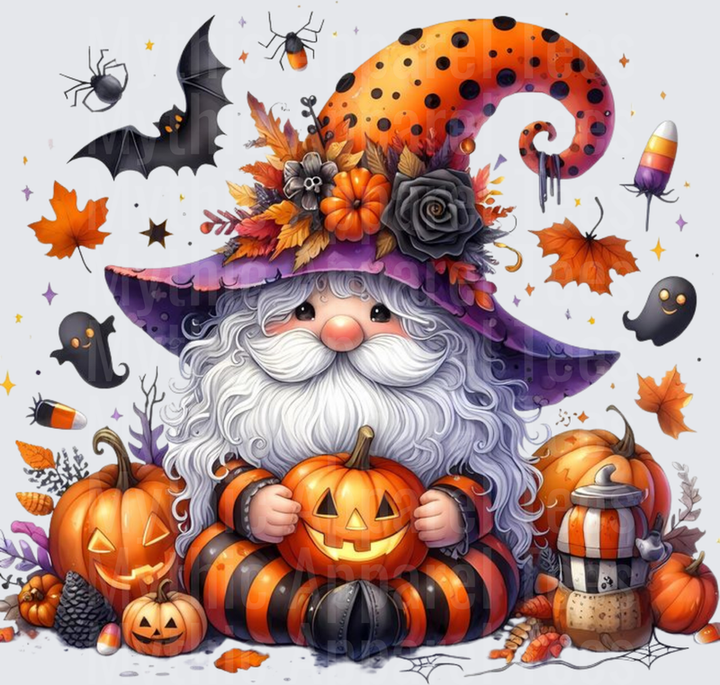 Halloween Gnome with Jack-O-Lanterns Polka Dot Witch Hat Bats Ghosts and Fall Leaves