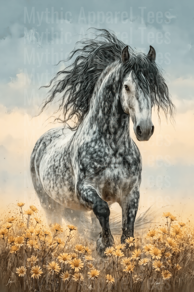 Majestic Dapple Gray Horse with Flowing Black Mane Prancing Through Golden Wildflower Field