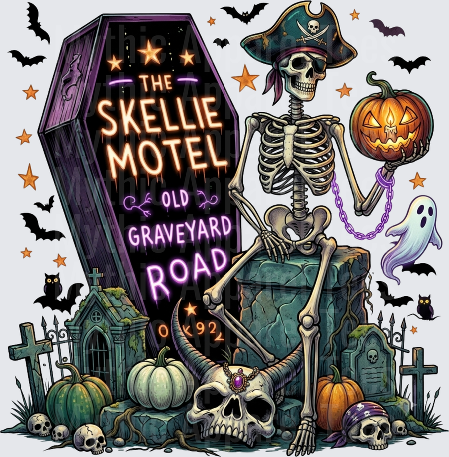 The Skellie Motel Old Graveyard Road Pirate Skeleton Holding Jack-o-Lantern Coffin Graveyard Halloween Scene with Bats Ghost Skulls and Pumpkins