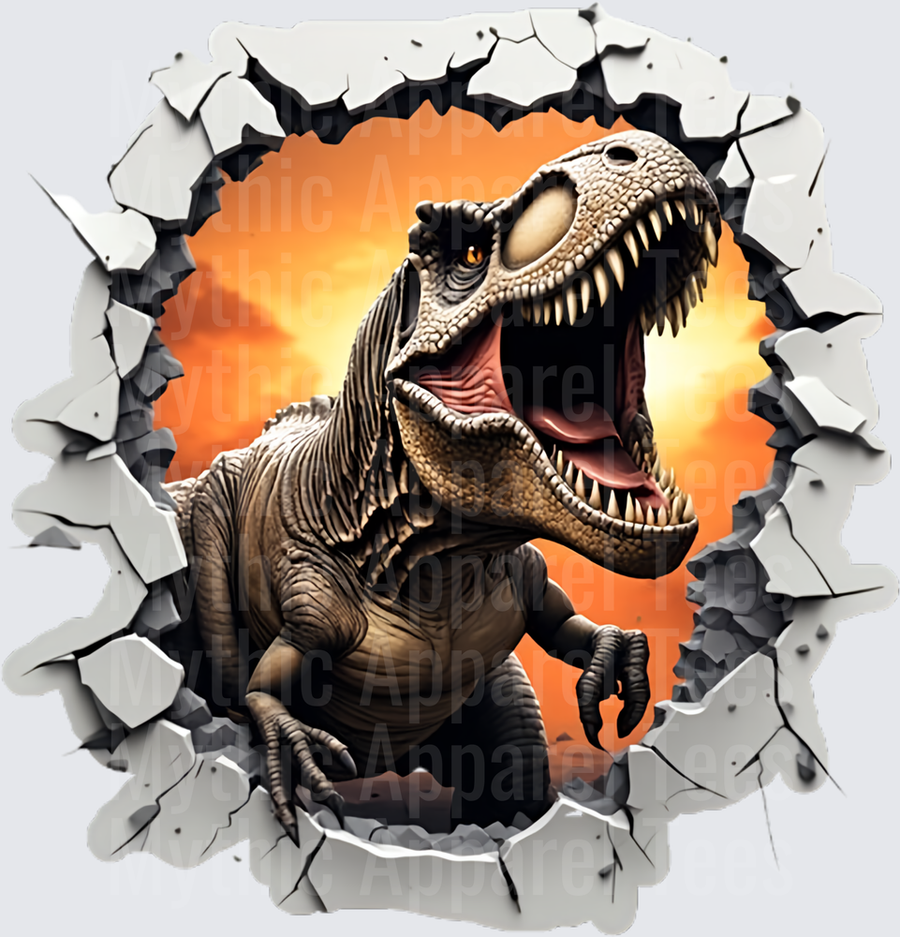 Ferocious T-Rex Bursting Through Cracked Wall Orange Fiery Background