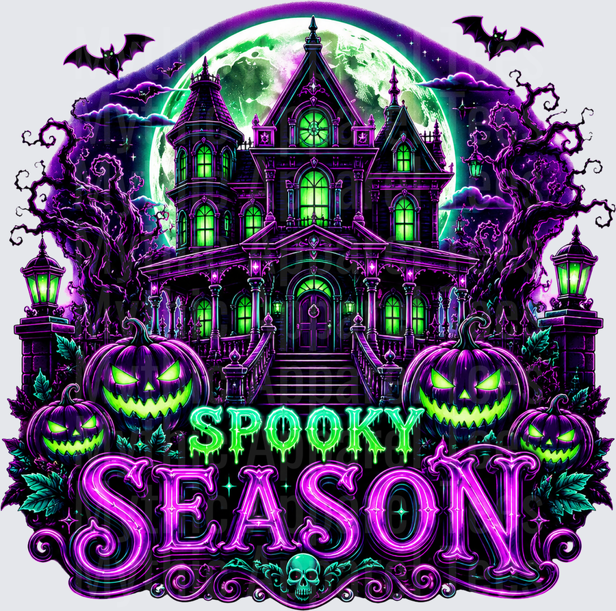 Halloween Spooky Season Neon Purple Green Haunted Mansion Full Moon Jack-o-Lanterns Bats Gothic