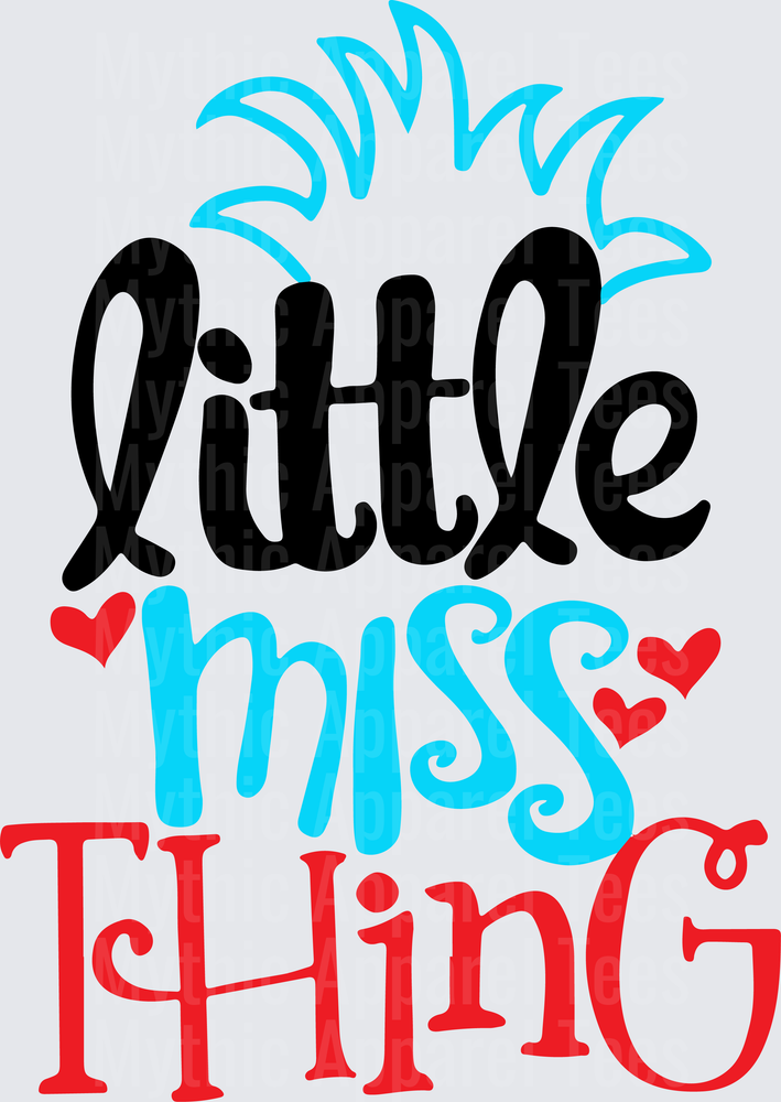 Dr. Seuss Little Miss Thing Typography with Blue Wild Hair and Red Hearts