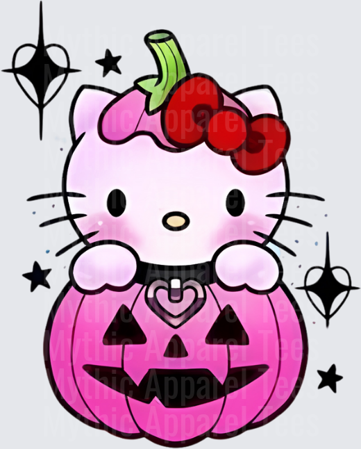 Hello Kitty Pink Halloween Jack-O-Lantern Pumpkin with Red Bow and Sparkle Stars