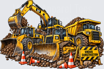 Construction Equipment CAT Excavator Bulldozer Wheel Loader and Dump Truck Under Construction Scene with Traffic Cones and Dirt