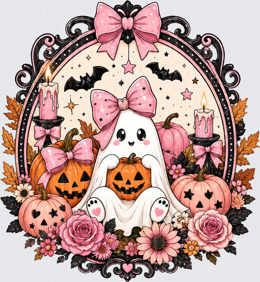 Cute Kawaii Ghost with Pink Bow Sitting with Jack-O-Lanterns Ornate Victorian Frame Bats Candles Roses Fall Leaves Halloween