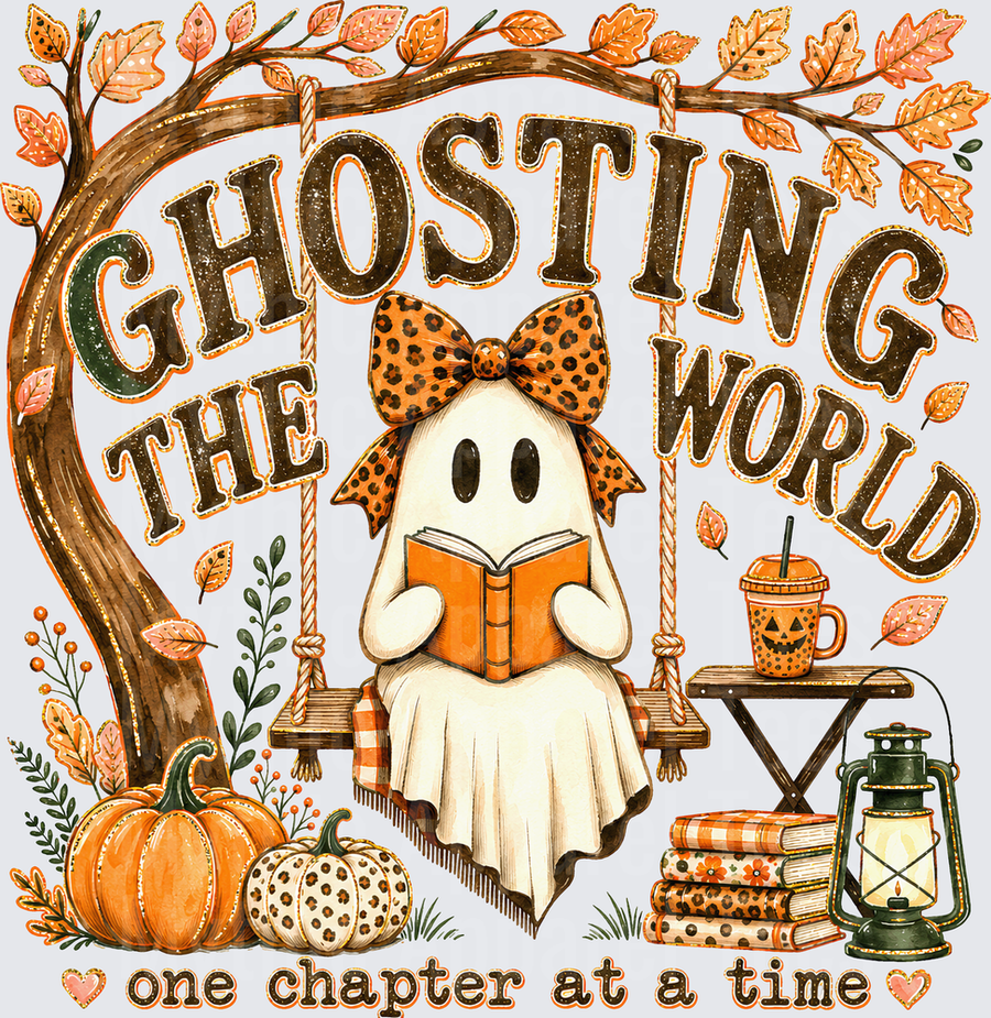 Fall Designs Ghosting The World One Chapter At A Time Cute Ghost Reading Book On Tree Swing With Pumpkins Autumn Leaves And Lantern