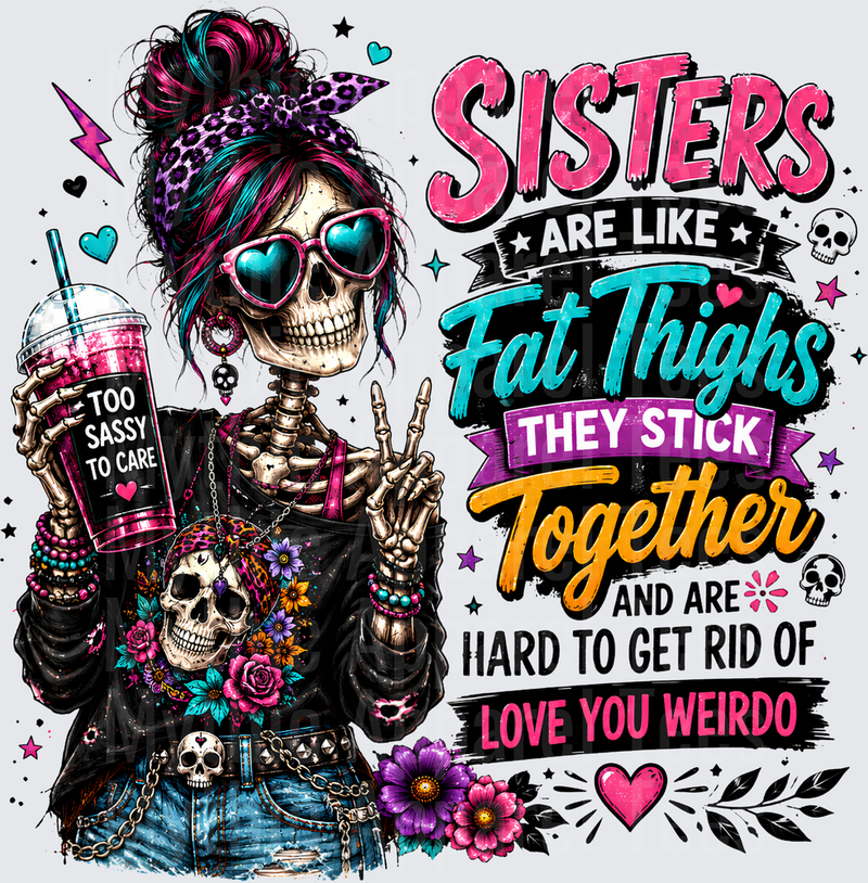 Sarcastic Skull Sisters Are Like Fat Thighs Messy Bun Skeleton
