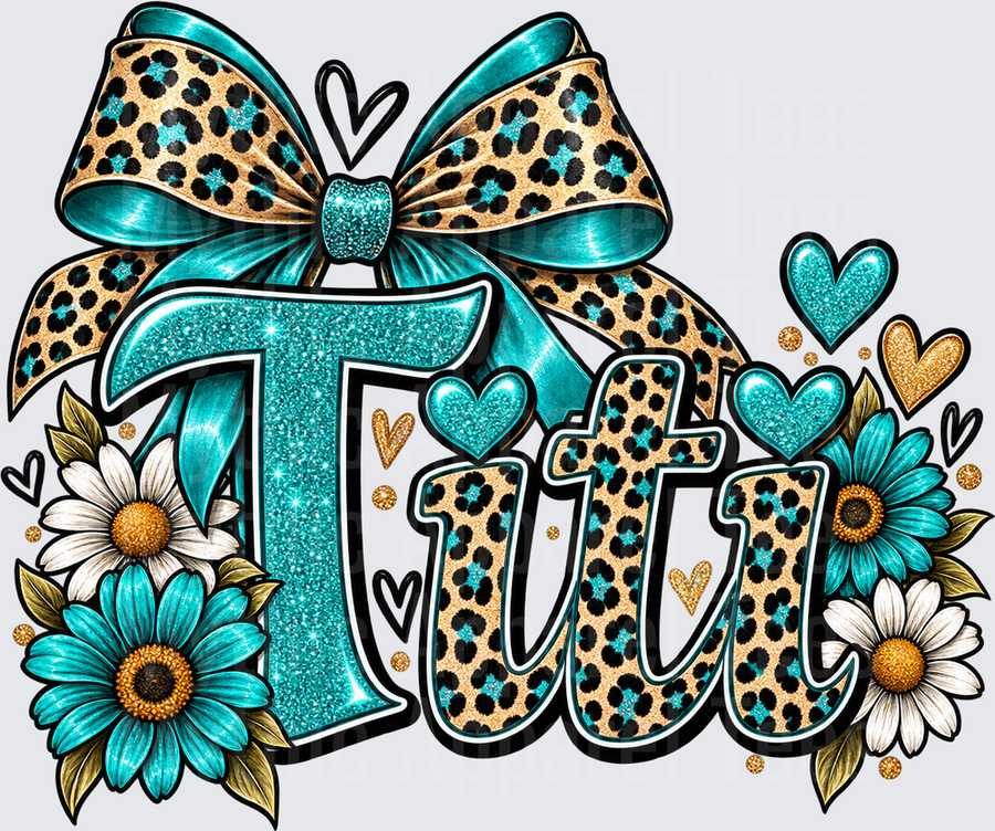 TITI Teal Glitter Leopard Print Bow Floral Daisy Hearts Design