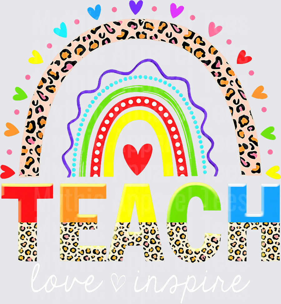 Colorful Rainbow Leopard Print TEACH Design with Multi-Color Hearts and Bold Block Letters