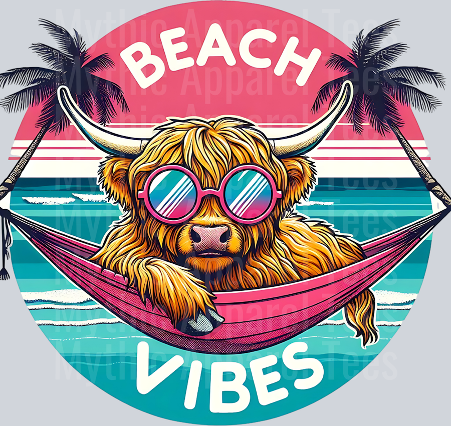 Beach Vibes Highland cow with palm trees and hammock DTF Summer Transfers