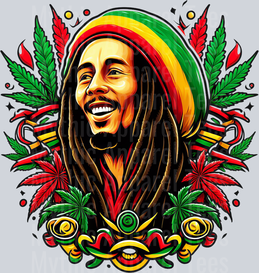 Bob Marley Portrait floral colors weed plant DTF Weed Transfers