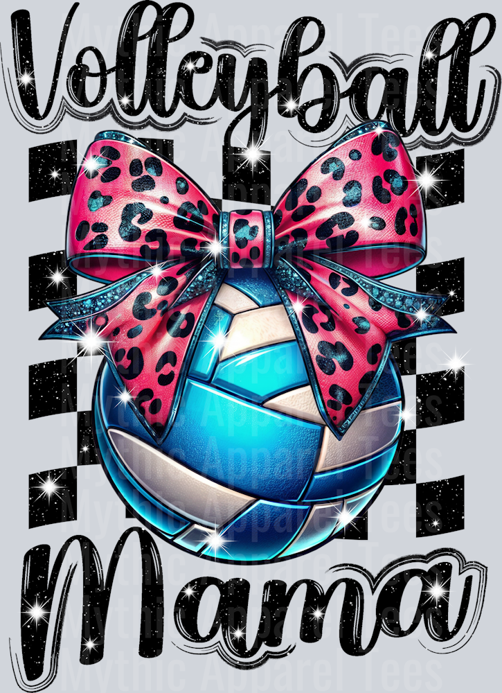 Volleyball mama with blue and white ball pink cheetah glitter bow cute DTF Sports Transfers
