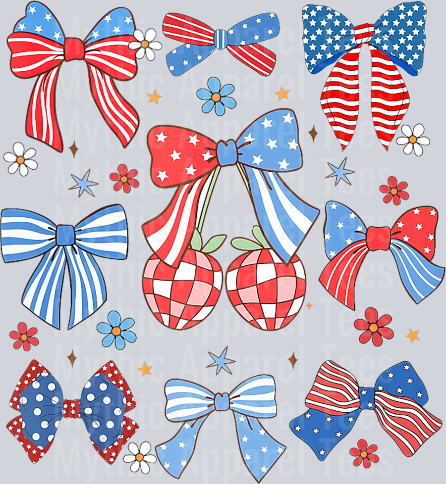 Red white and blue bows with cherries cherry bow design DTF Patriotic Transfers