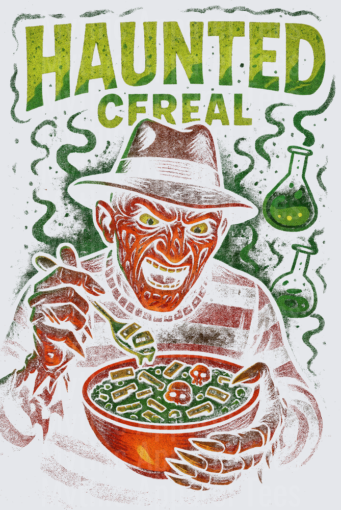 Freddy Krueger Haunted Cereal Horror Parody Cereal Box Woodcut Style Illustration with Skull Cereal Bowl and Poison Potion Bottle