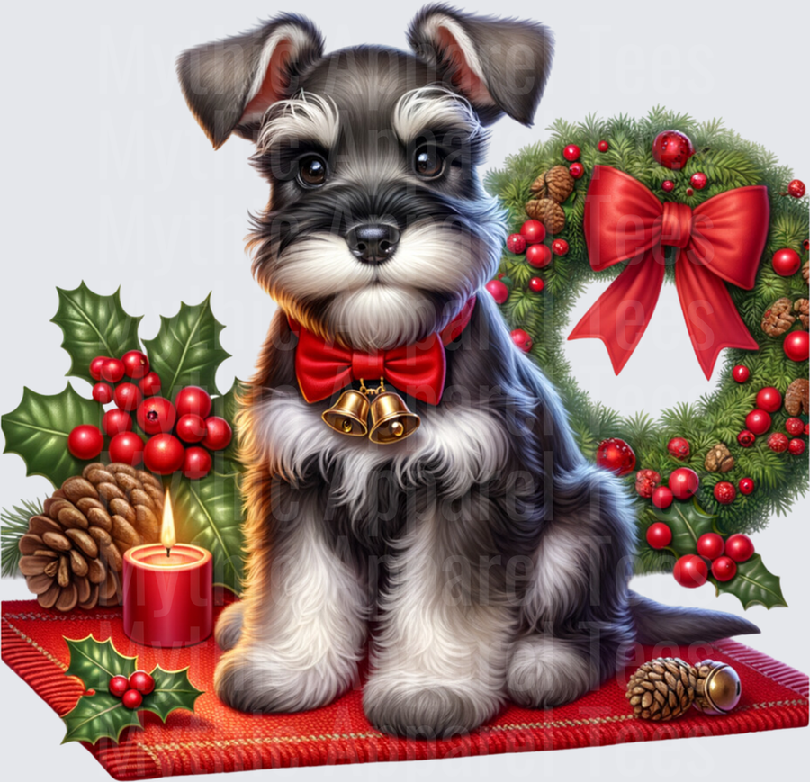 Adorable Miniature Schnauzer Puppy Christmas Holiday with Wreath Holly Berries Jingle Bell Bow Tie and Candle Festive Winter Design
