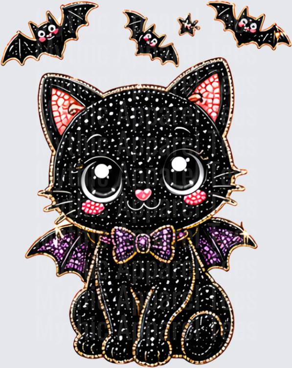 Halloween Bling Glittery Black Vampire Bat Cat with Purple Wings and Bow Surrounded by Cute Flying Bats