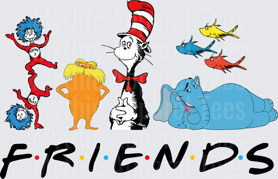 Dr. Seuss FRIENDS Logo Mashup with Cat in the Hat, Thing 1 and Thing 2, The Lorax, Horton the Elephant, and One Fish Two Fish Characters