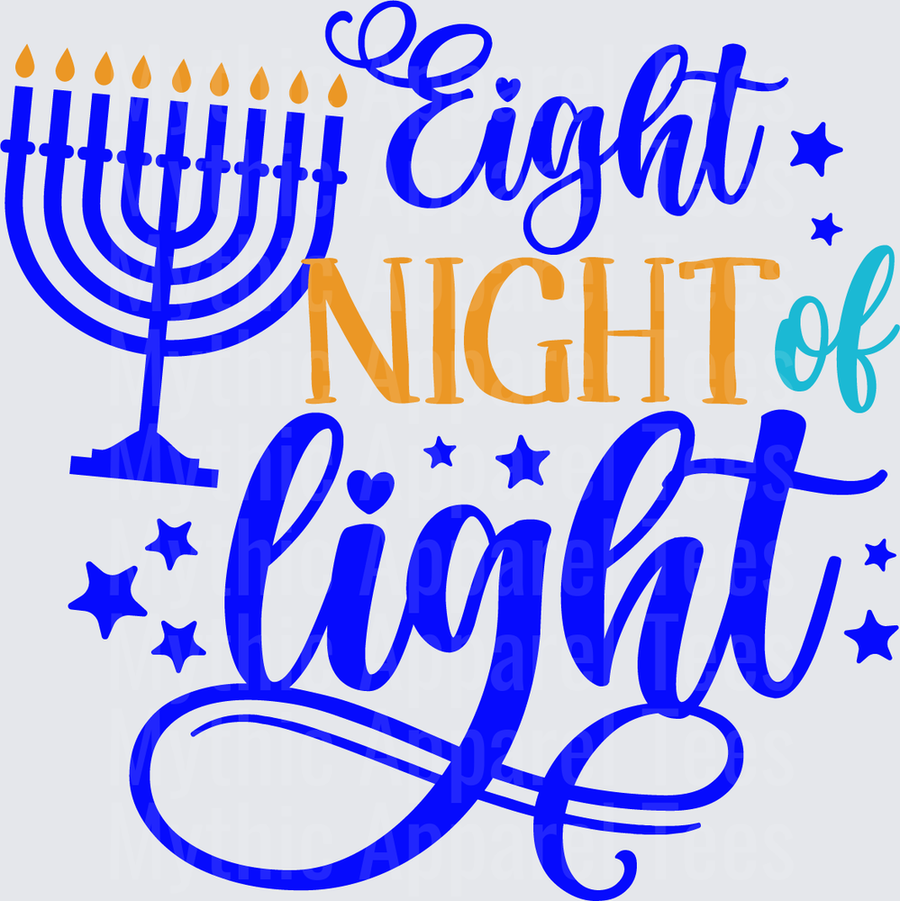 Eight Nights of Light Hanukkah Menorah with Stars Script Lettering