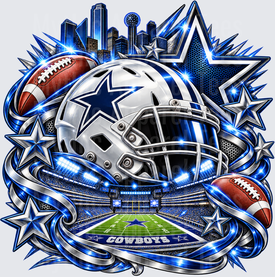 Football Dallas Cowboys Helmet Stadium Skyline Blue Silver Star Burst Glowing Design