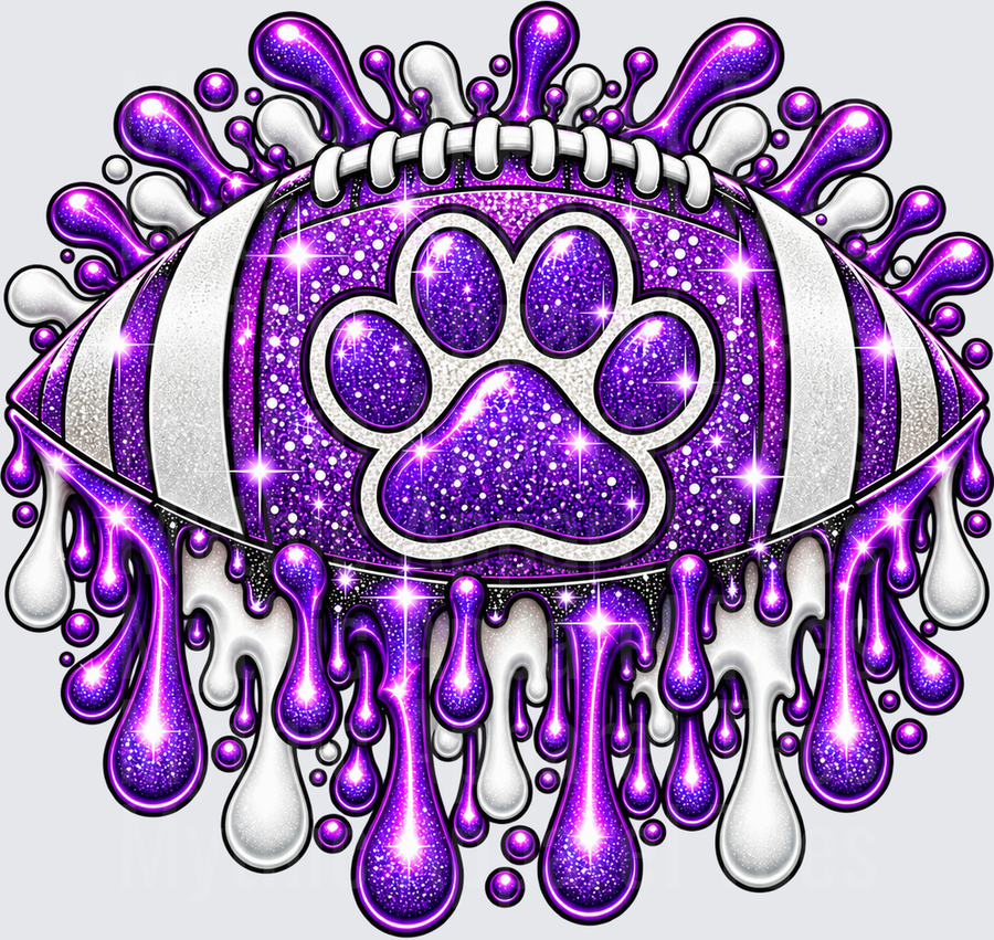 Football Purple and White Glitter Dripping Paw Print Mascot Sparkle Splatter Design