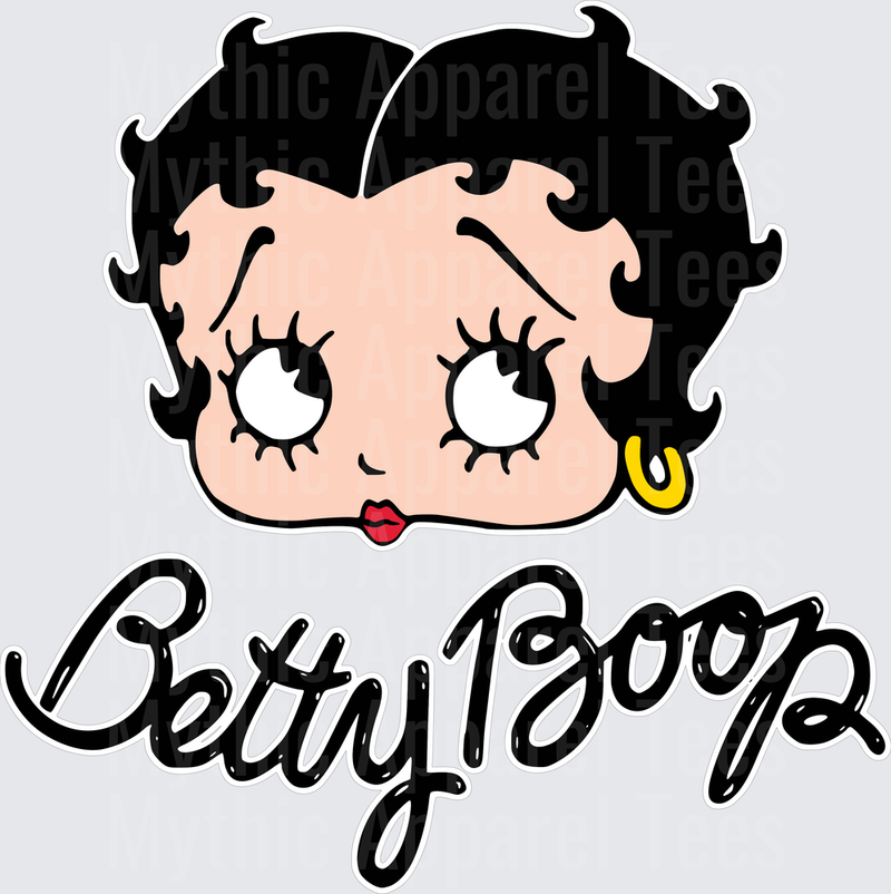 Betty Boop Classic Face Portrait with Cursive Script Logo Black Hair Red Lips Gold Hoop Earring