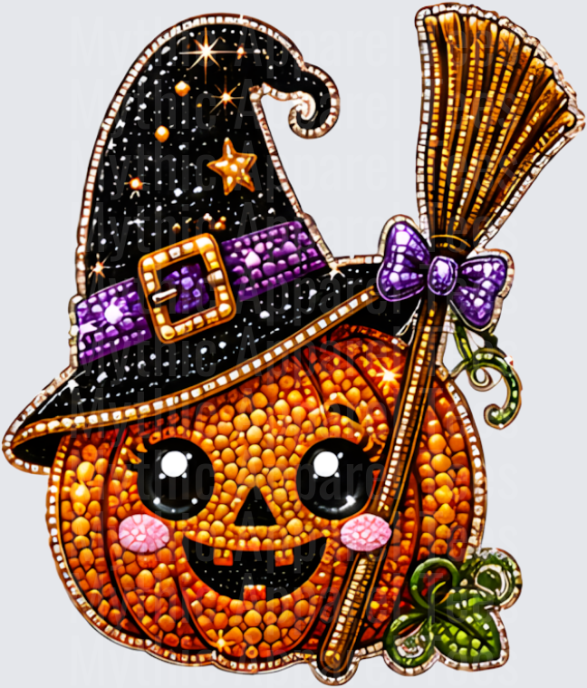 Halloween Bling Beaded Jack-O-Lantern Witch Pumpkin with Black Star Hat Purple Buckle and Broom