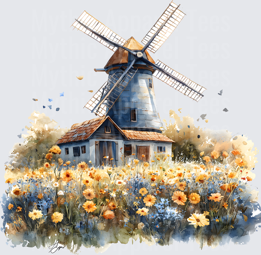 Farm Life and Farm Animals Watercolor Windmill Wildflower Meadow