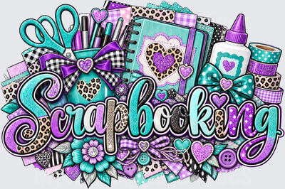 Scrapbooking Glitter Teal Purple Craft Supply Collage with Scissors Notebook Washi Tape Glue Leopard Hearts and Bows