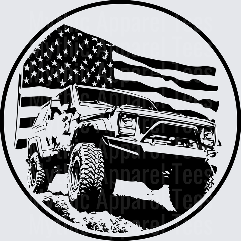 Off Road Jeep Lifted 4x4 American Flag Circle Badge Black and White