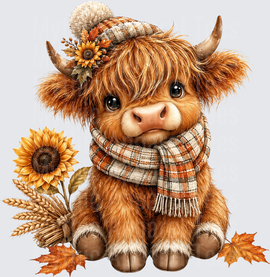 Cute Baby Highland Cow Fall Autumn Plaid Scarf Pom Pom Beanie Sunflower Wheat Bundle Maple Leaves