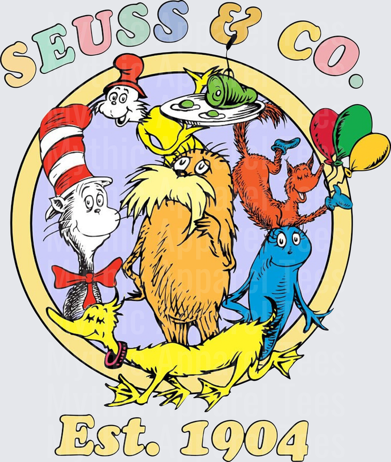Seuss & Co Est 1904 Cat in the Hat Lorax Thing One Thing Two Sam-I-Am Dr. Seuss Characters Circle Logo Design