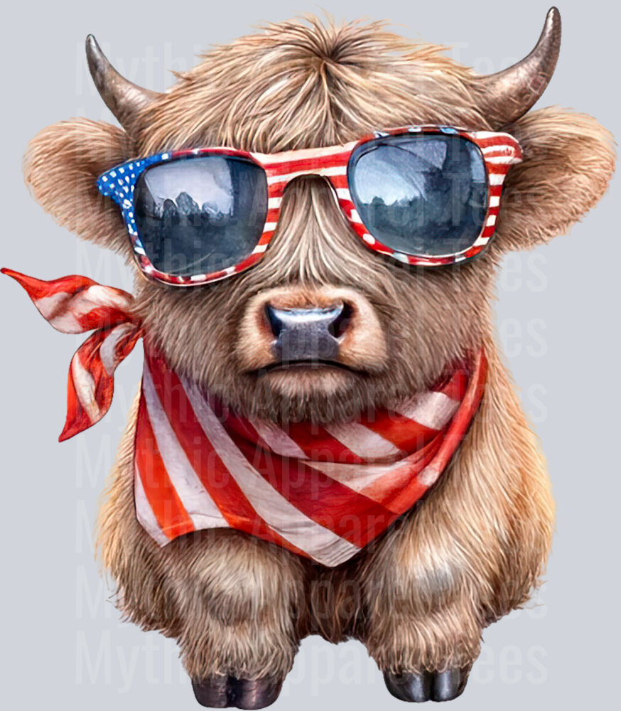 Watercolor Patriotic Highland Cow 18 DTF Patriotic Highland Cow Transfers
