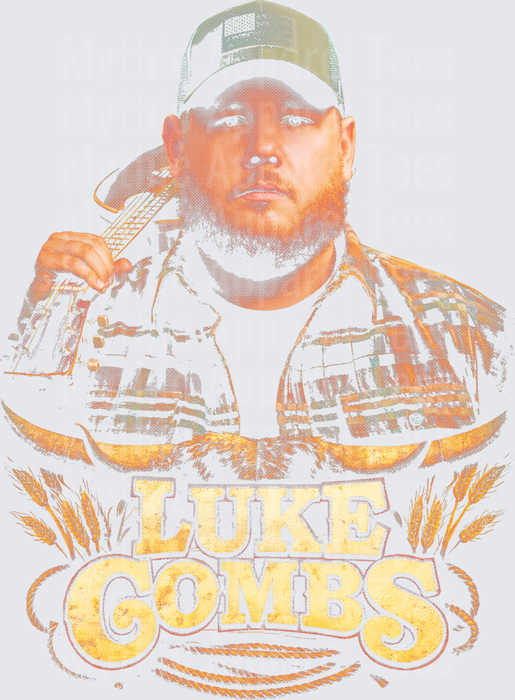 Luke Combs Bearded Country Singer with Guitar and Wheat Stalks Vintage Halftone Graphic