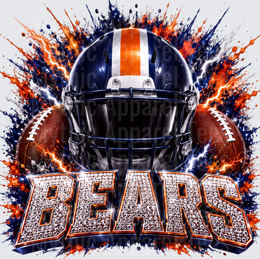 Rhinestone Style NFL Bears Navy and Orange Football Helmet with Lightning Splash and Diamond Encrusted Bold Text