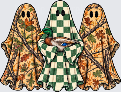 Fall Trio of Halloween Ghosts with Mallard Duck Autumn Camo Leaf and Green Checker Pattern
