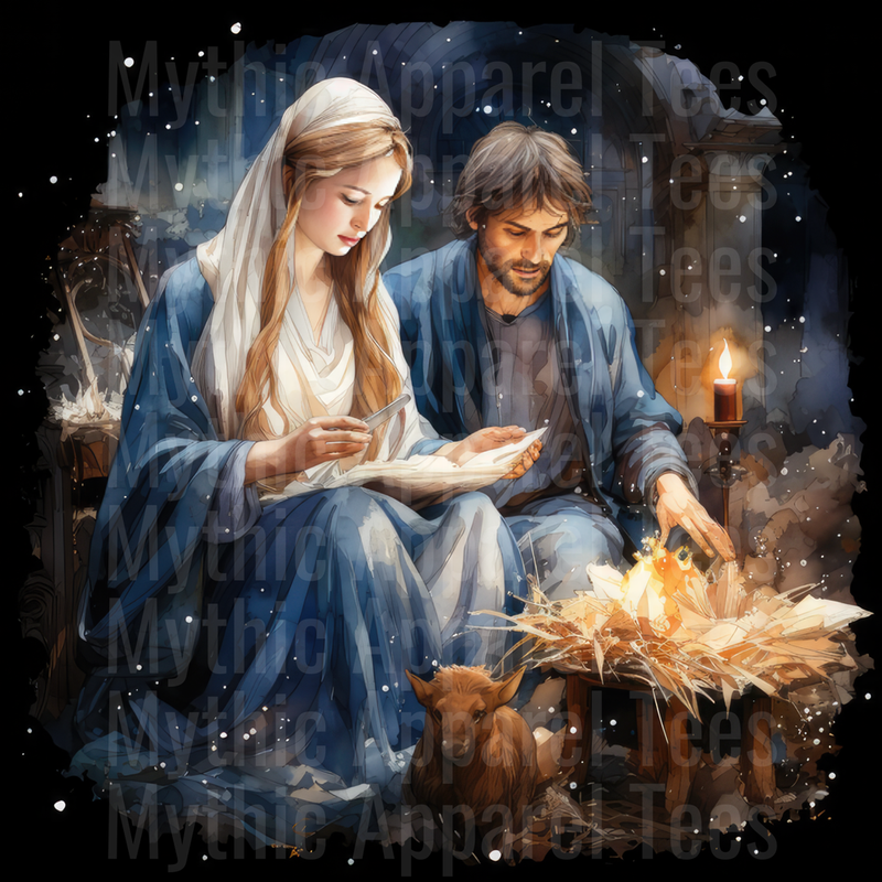 Nativity Mary and Joseph Beside the Manger by Candlelight