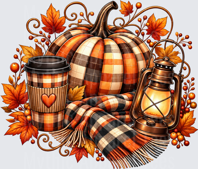 Fall Plaid Pumpkin with Buffalo Check Coffee Cup Lantern and Cozy Scarf Autumn Harvest Scene